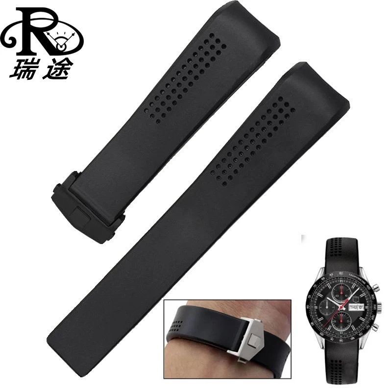 20 22mm Classic Curved End Silicone Rubber Watchband Black Folding Clasp Strap Fit For TAG Heue Carrera Calibre Watch+tool