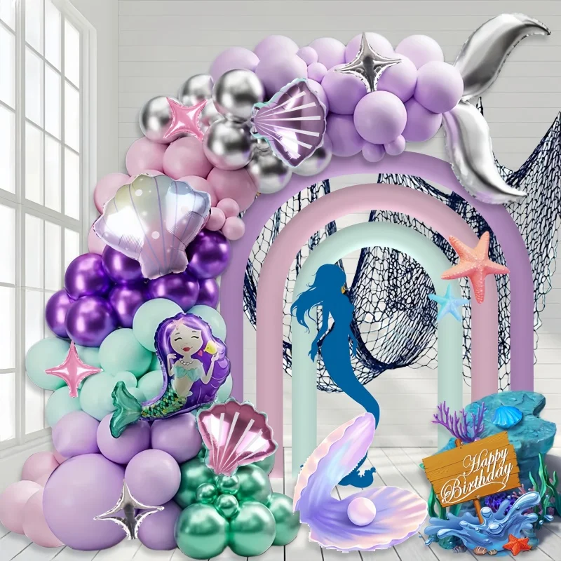 117-teiliges Ozean-Fischschwanz-Ballon-Set, Unterwasser-Meerjungfrauenschale mit rosa und lila silbernem Ballon, perfekt für Mädchen, Meerjungfrau-Thema, Geburtstagsfeier, Verlobungsfeier,