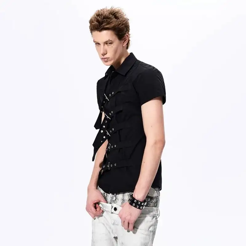 LUZHEN 2026 Summer New Ribbon Decorate Metal Buckle Patchwork Design Short Sleeve Shirts Men's Trendy Street Women's Tops JY7217