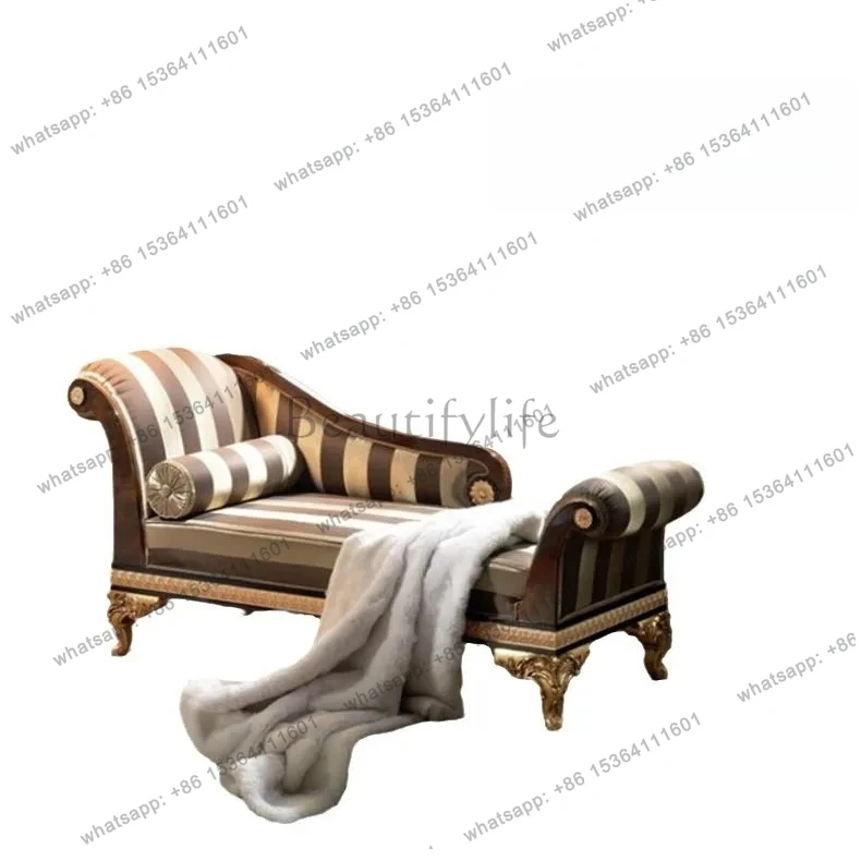 Neoclassical solid wood carving flower beauty couch bedroom luxury fabric European chaise longue sofa leisure chair