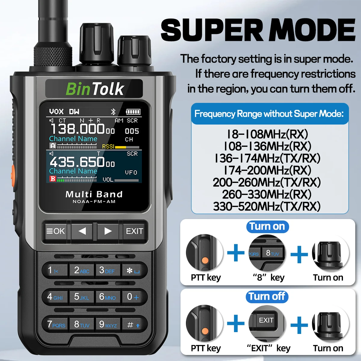 BinTolk BT8200 Walkie Talkie 10W Full Band Wireless Bluetooth Programming Type-c Charger Noise Reduction Portable Two Way Radio