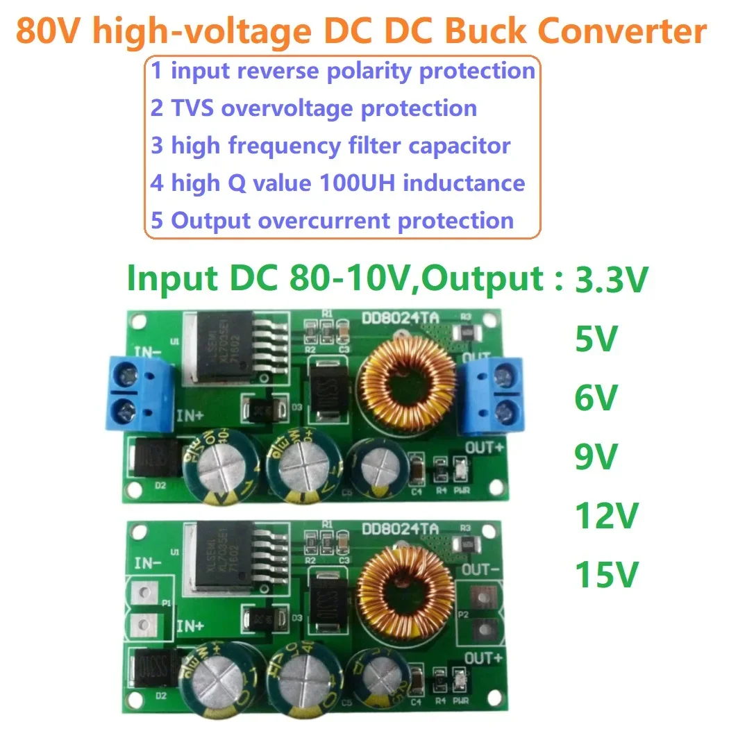 80V 72V 64V 60V 48V 36V 24V to 15V 12V 9V 6V 5V 3.3V High-Voltage EBike DC-DC Converter Buck Step-Down Regulator Module