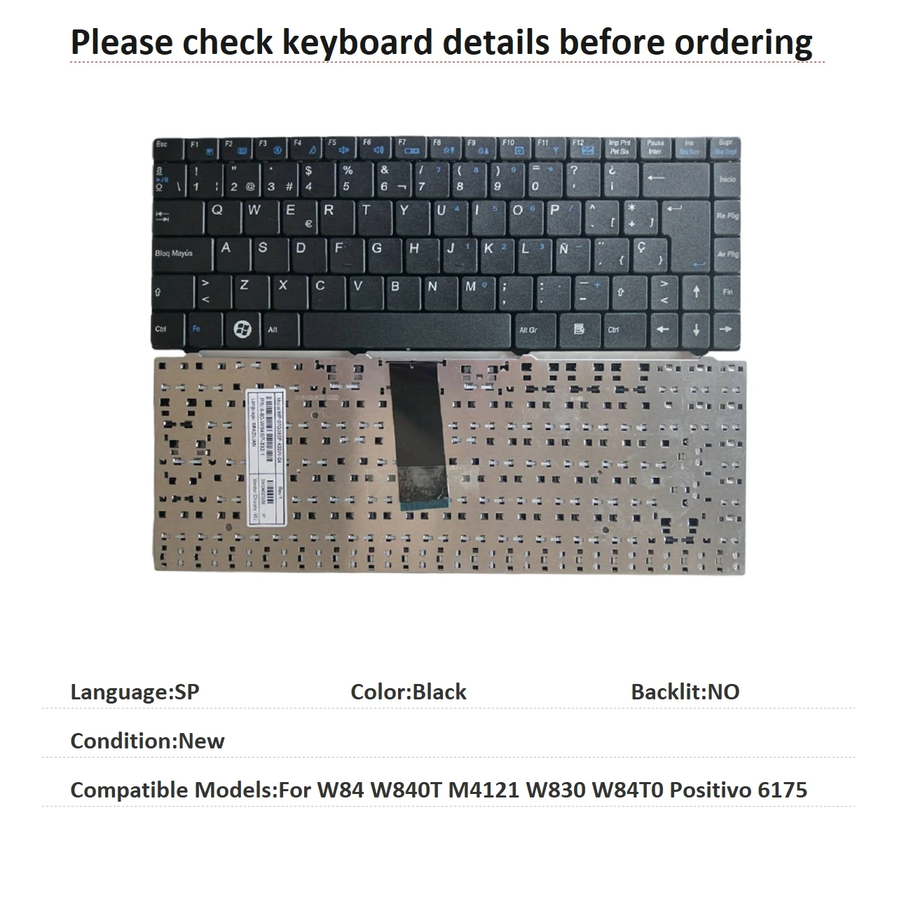 Novo teclado em espanhol para CLEVO W84 W840T M4121 W830 W84T0 Positivo 6175 Notebook PC, teclado de substituição