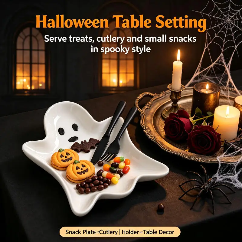 Halloween Ghost Cute Spoon Rest Ghost Ceramic Alien Plate Jewelry Necklace Ring Trinket Tray Candy Bowl Ornament Organizer Decor