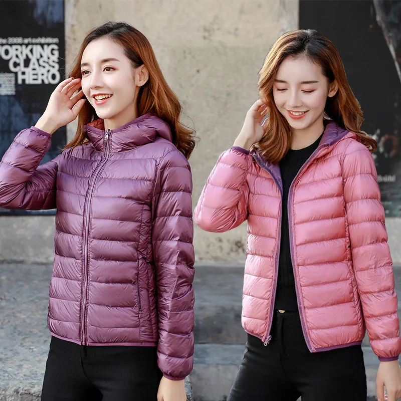 معطف بغطاء للرأس على كلا الجانبين يمكن ارتداء سترات منتفخة للنساء خفيفة الوزن وقابلة للعكس من ريش البط الأبيض سترة نسائية قصيرة #1