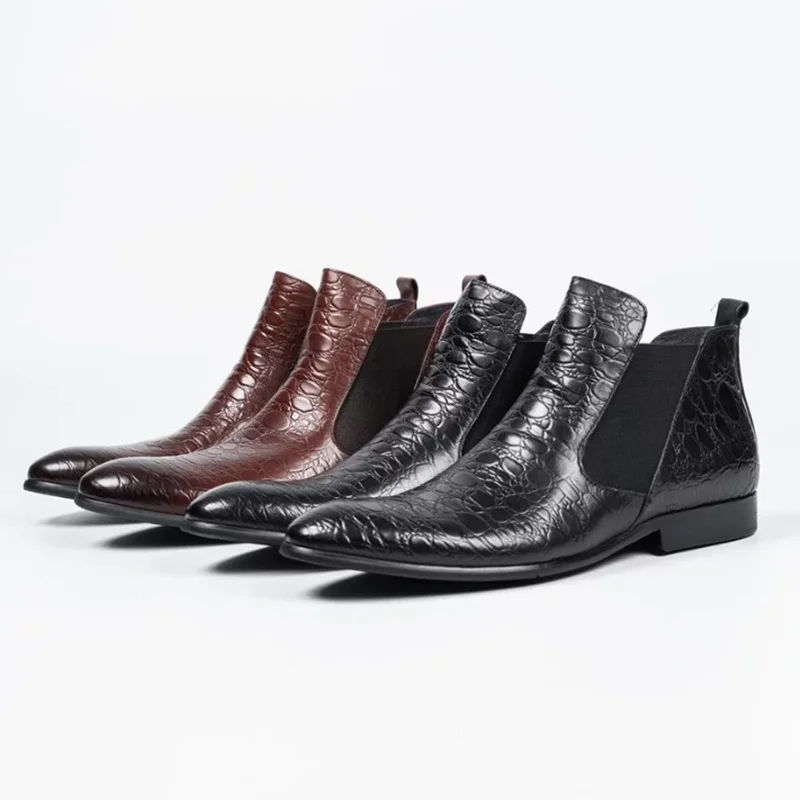Exquisite Leather Boots Autumn Winter Elastic Leather Boots Men's Stone-patterned Plush Warm Chelsea Ankle Boots