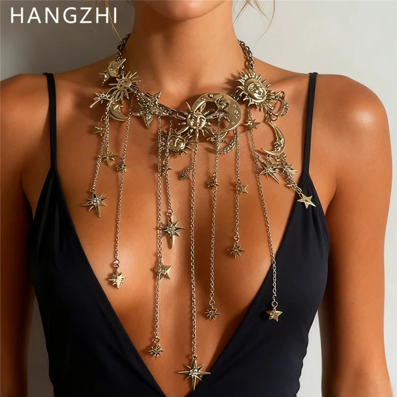 

HangZhi Vintage Exaggerated Zircon Sun Moon Star Multi Pendant Tassel Necklace Chunky Chamrs Jewelry for Women New
