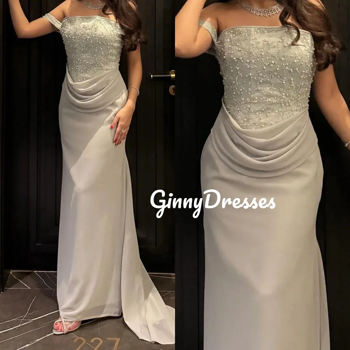 

Sheath Beige Luxury Evening Dresses Off-The-Shoulder Neckline Floor-Length Vestidos De Fiesta Zipper Up Prom Dress Women
