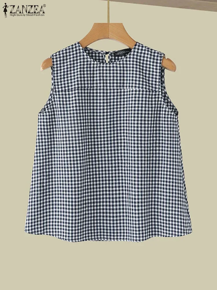 ZANZEA Summer Harajuku Tank Tops Women Korean Sleeveless Plaid Camis 2024 Blouse Fashion Sweety O-Neck Shirts Casual Loose Tunic