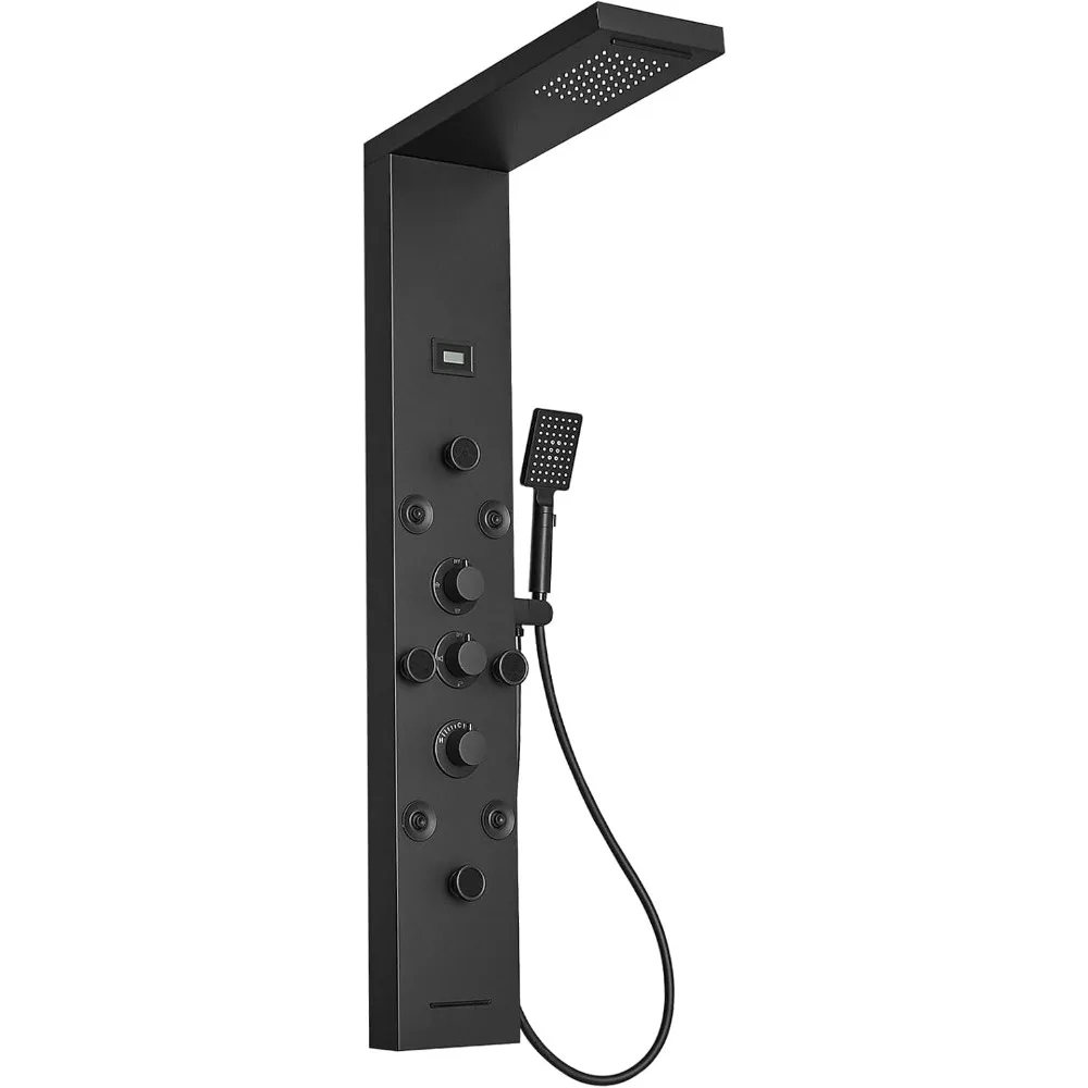 

Matte Black 6-in-1 Stainless Steel Shower Panel System with Rainfall and Handheld Shower, Including Massage Features