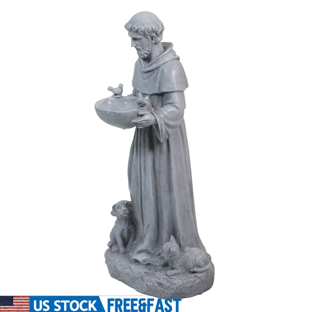 

St Francis Outdoor Bird Feeder Garden Statue Polyresin Sculpture with Cat Dog and Birds Indoor Outdoor Decoration