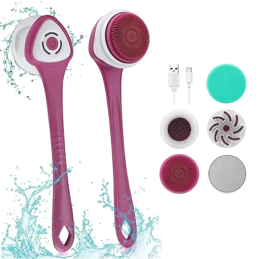 

Электрическая щетка для ванны 5-в-1 с длинной ручкой, перезаряжаемый скруббер для лица для тела, очистка спины, массажная щетка для душа, спа