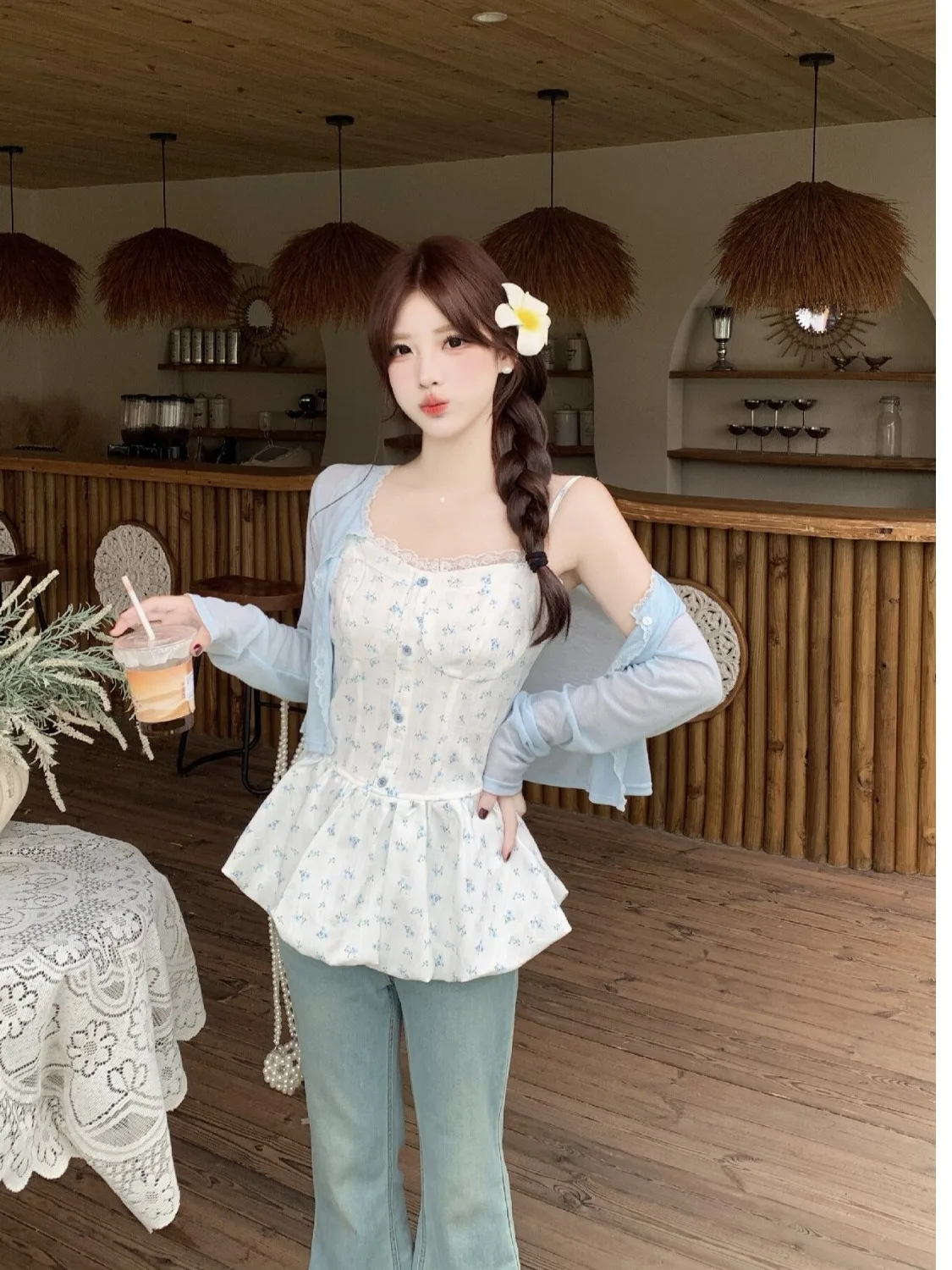 

plus Size Floral Print Halter Neck Lightweight Summer Sun Protection Women's Top Korean Style Slim Fit Long Sleeve Cardigan