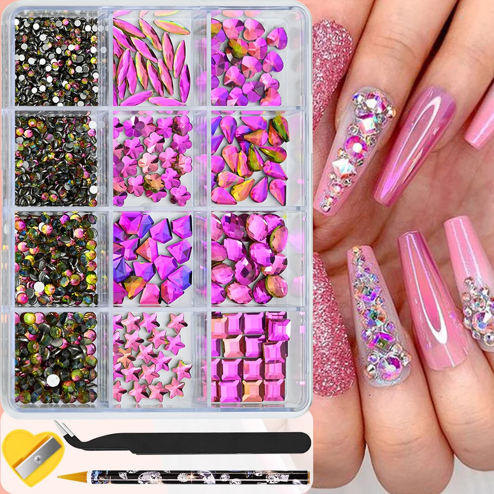 12 Grids Shiny Gold Glass Nail Rhinestones Set Multi Shapes Flatback Gems Crystal 1500Pcs+ Manicure Diomand Gemstones 1mm-8mm