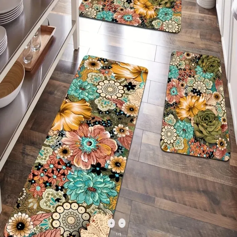 Bohemian Retro Style Colorful Flowers Kitchen Non-slip Waterproof Cushion Anti-fatigue Crystal Velvet Doormat