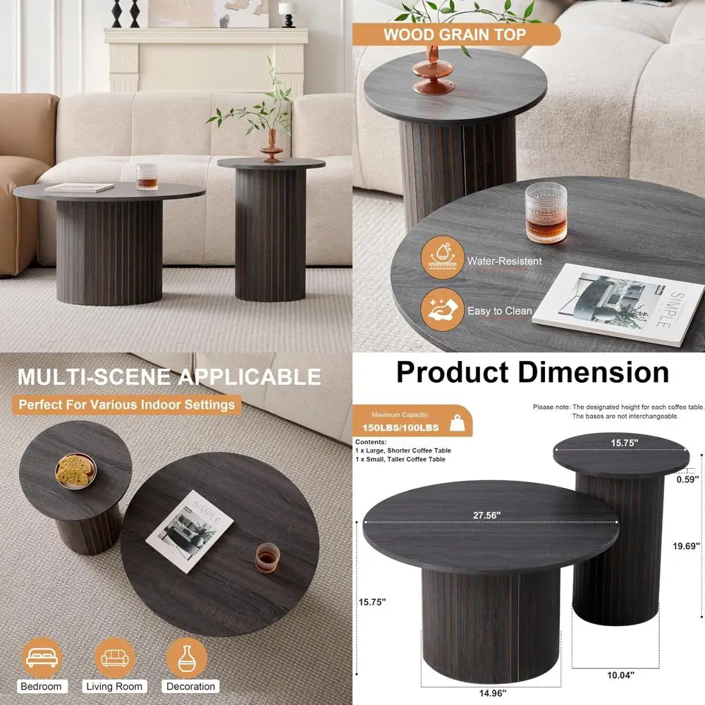 

Boho Style Nesting Coffee Tables Set: Large 27.6cm Diameter Short Table and Small 15.8cm Diameter Tall Table with Fluted Drum De