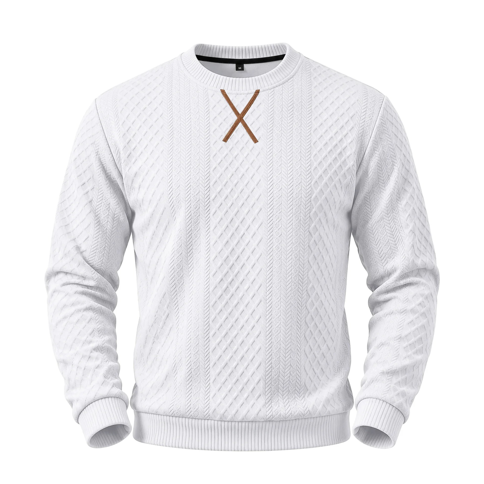 Men's Textured Jacquard Crew Neck Sweater X Stitched Autumn Long Sleeve Casual Pullover