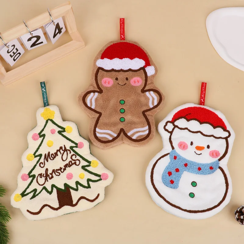 Christmas Towel Coral Velvet Xmas Tree Gingerbread Man Snowman Hanging Decoration Home Bathroom Decor Supplies