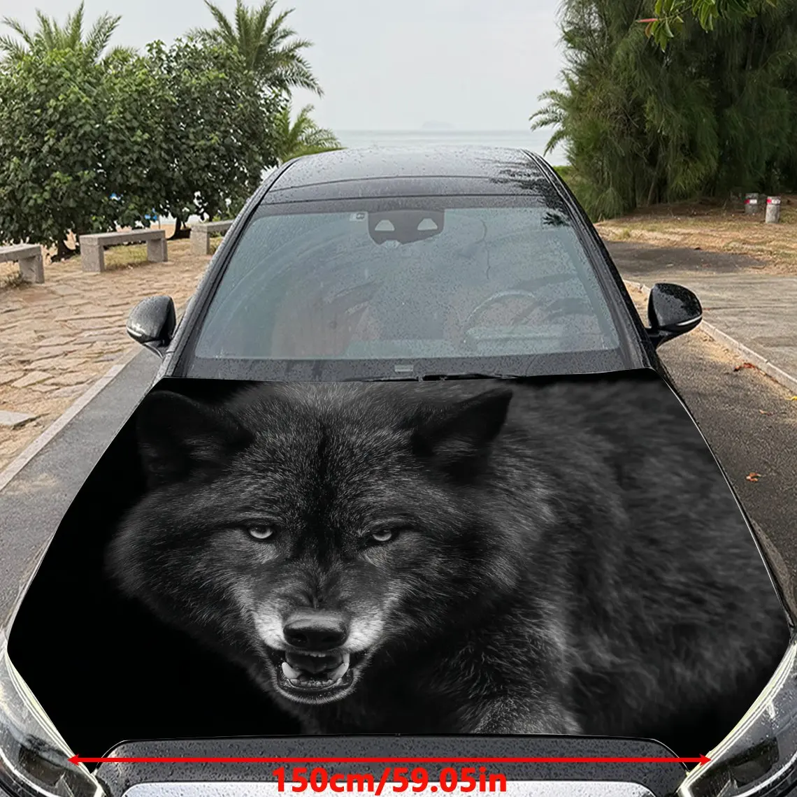 Car Decals Black Wolf With A Fierce Expression, Set Against A Dark Roadside Background Car Hood Sticker, Waterproof Self - Adhes