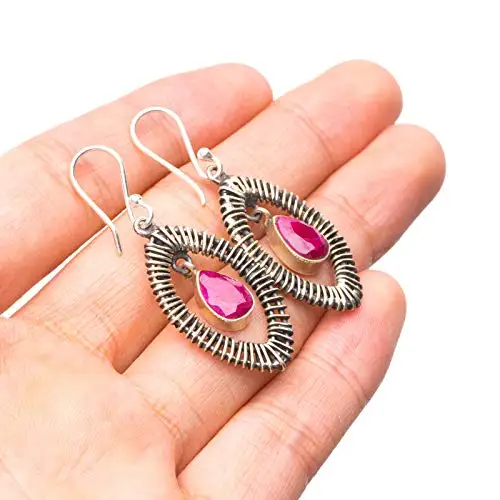 

StarGems® Natural Cherry Ruby Handmade Vintage Eye Shape 925 Sterling Silver Earrings 1 3/4" T3795