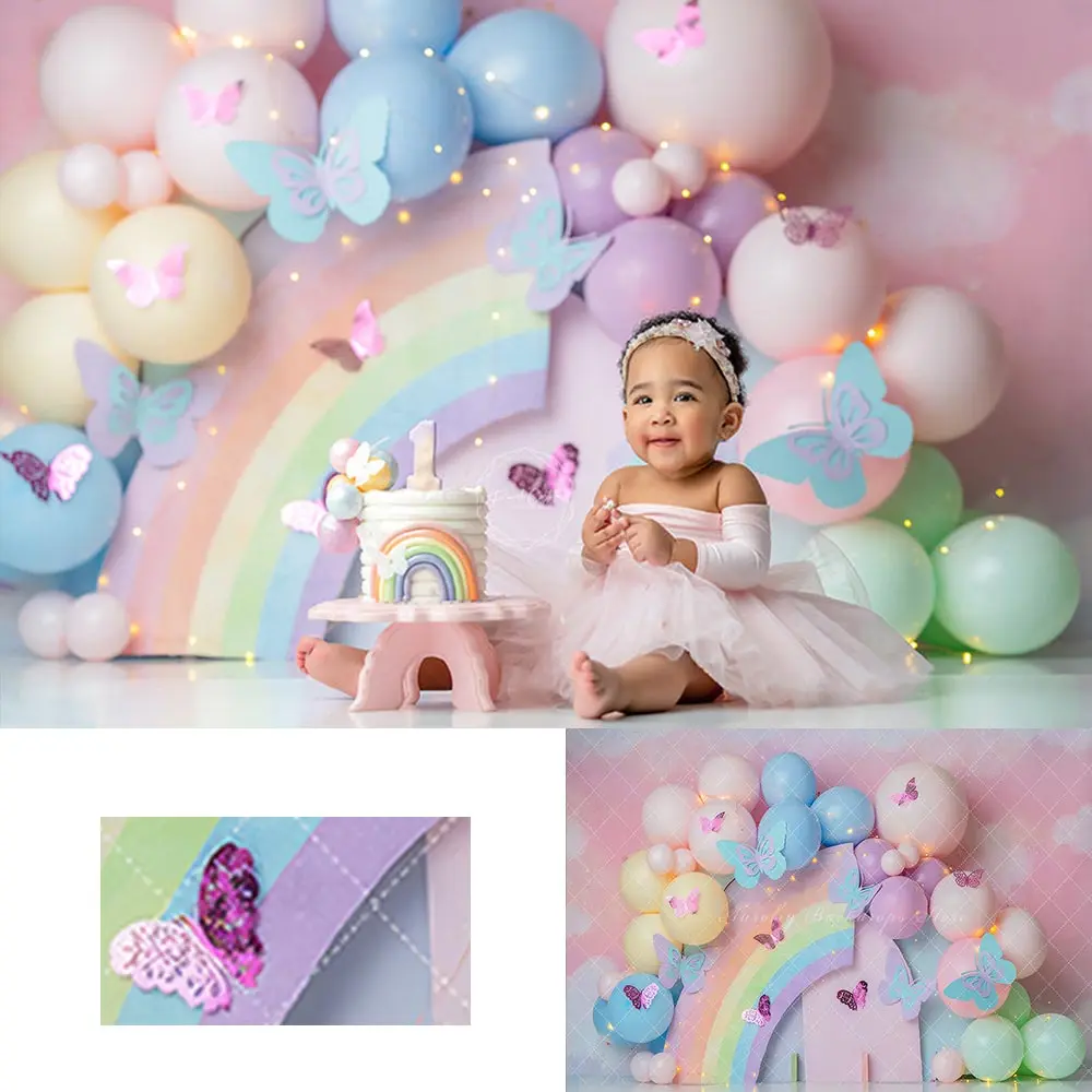 Pastel Rainbow Birthday Backdrop Kids Baby Cake Smash Photocall Decors Balloon Arch Child Girls Photography Backgrounds