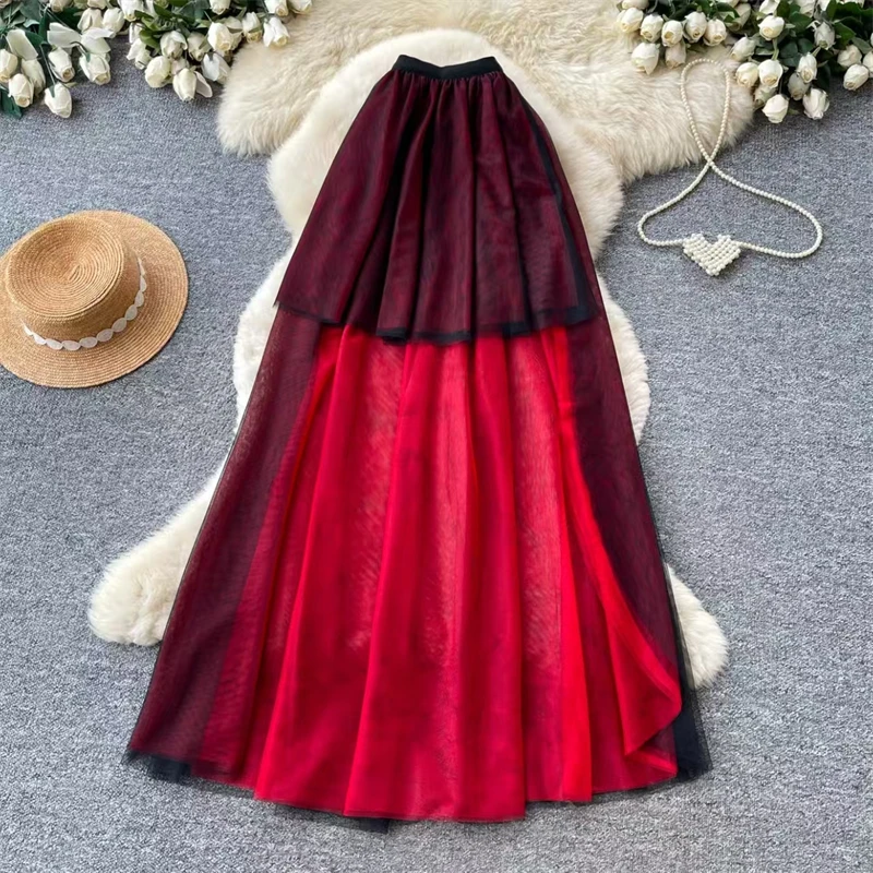 Women Gothic Black Red Irregular High Low Tulle Skirt Layered Flowy Long Train Mesh Maxi Skirt Darkwear Party Club Skirt view 4