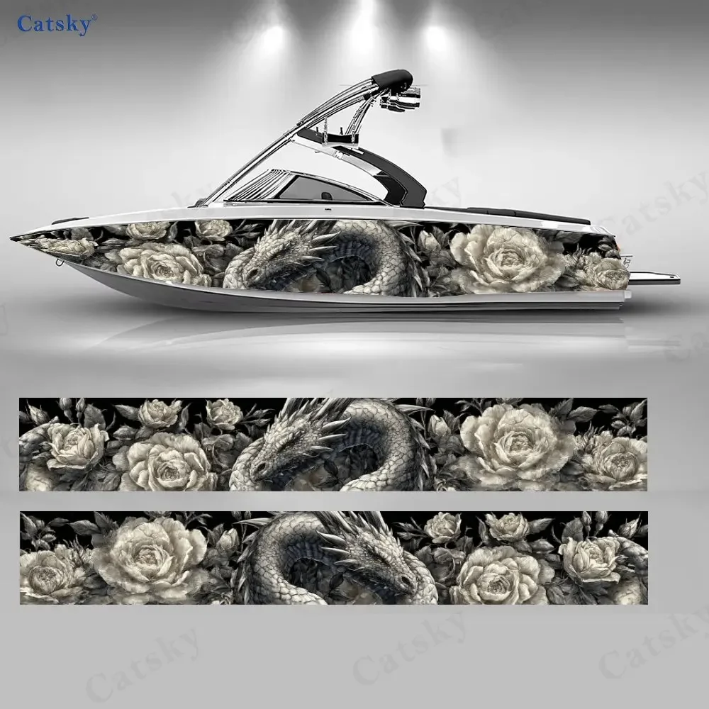 2Pcs Dragon Shadow in Roses Boat Stickers, PVC Waterproof Durable Vinyl Wrap Decals for Fishing Boat, Durable and Stylish Design