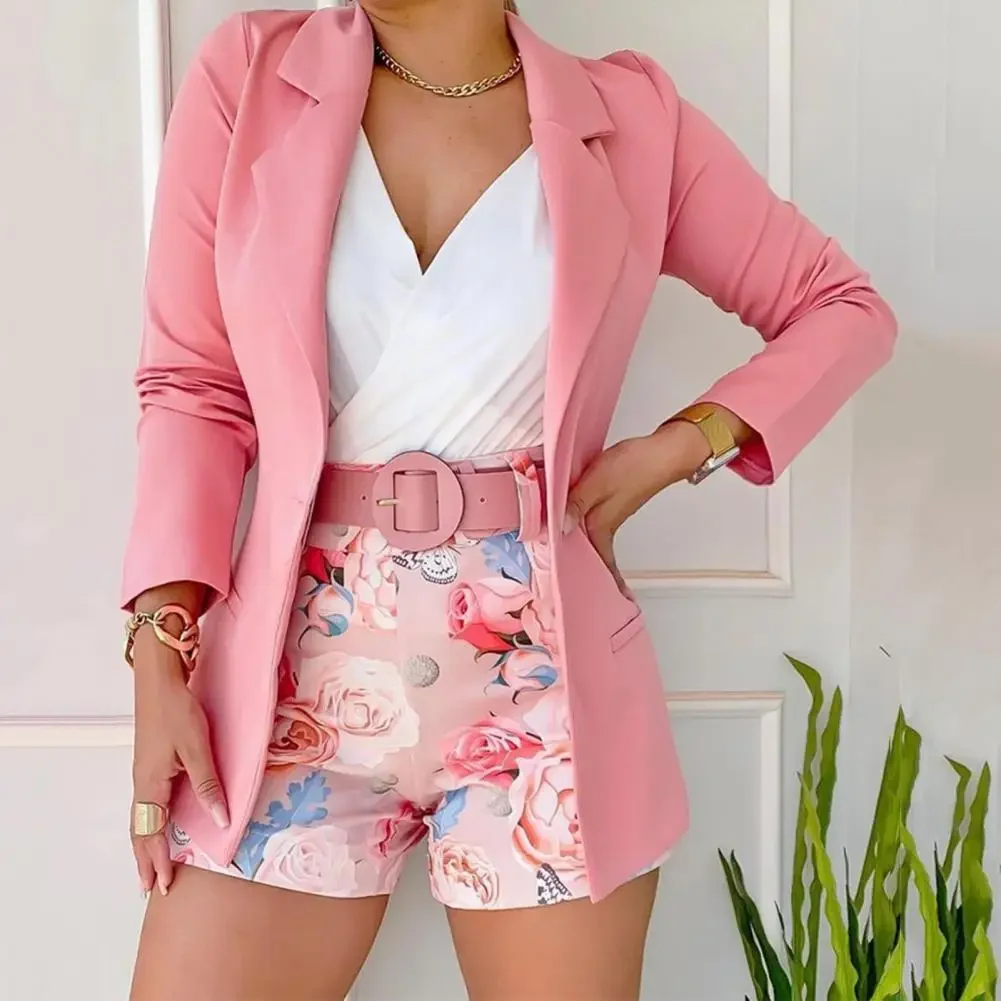 2 Pcs/Set Women Blazer Shorts Set Flower Print Suit Coat Shorts Suit Solid Color Coat Long Sleeves Lady Outfit Set For Daitng