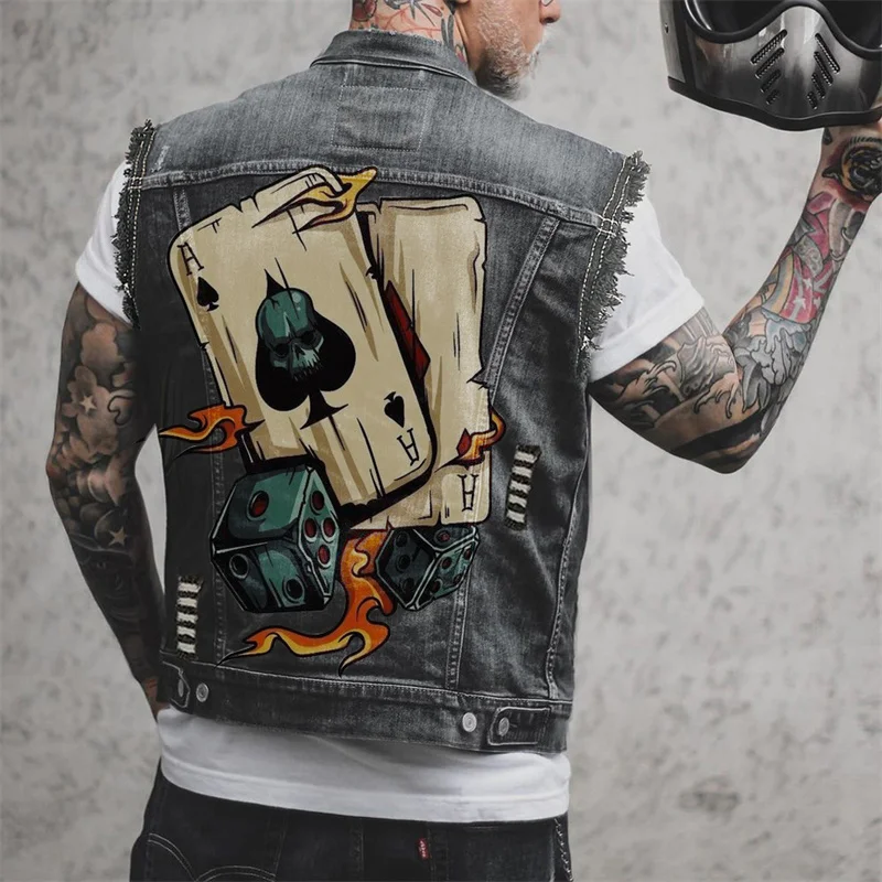 Mens New Motorcycle Skull Print Hip Hop Punk Rock Biker Denim Vest Waistcoat Hole Ripped Cotton Sleevless Jean Jacket Coat