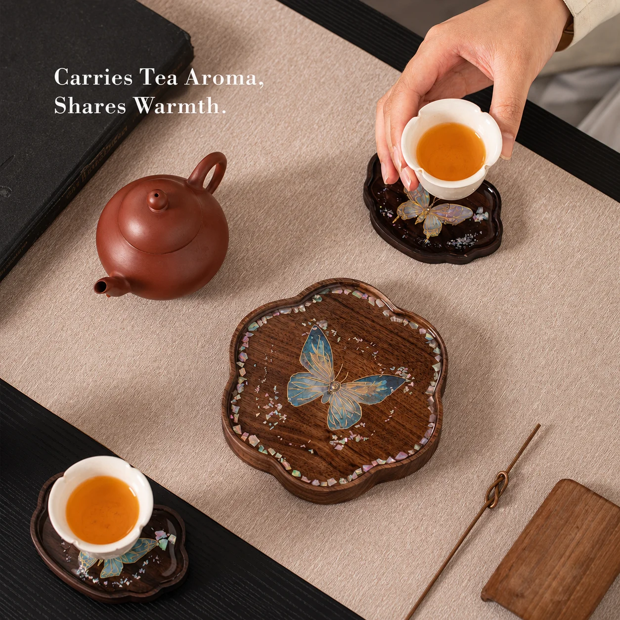 Tea Cup Mat Raised Base Nacre Inlaid Coaster Cup Coaster Elegant Dry Tea Tray For Desktop Teapot Holder Office