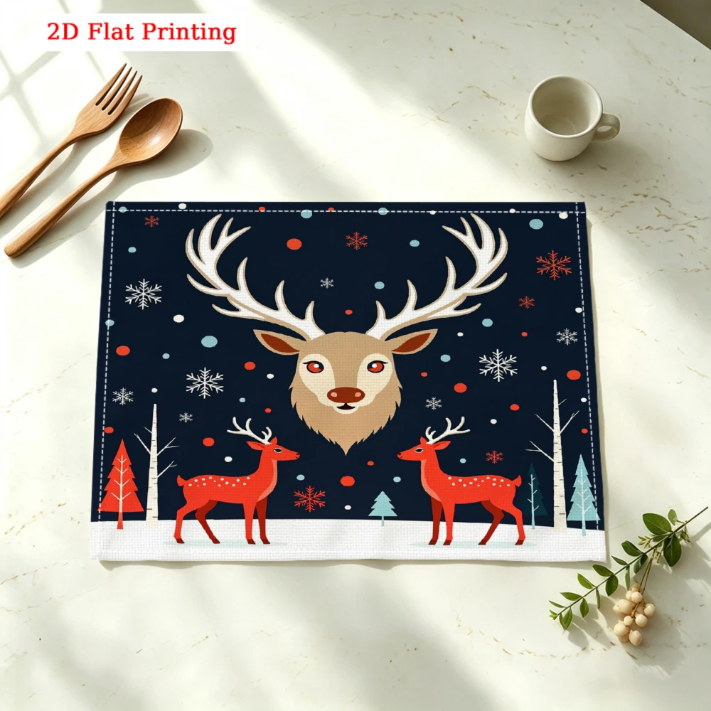 Winter Deer Snowflake Forest Scene Kitchen Placemat Coaster Linen Pad Dish Coffee Cup Table Mat 30x40cm Home Decor