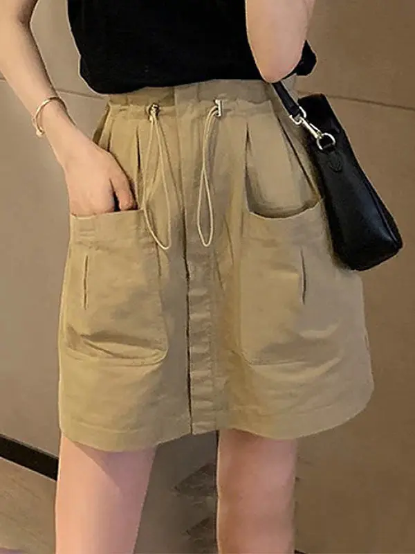 

Винтажная рабочая юбка-шорты А-силуэта с высокой талией и большими карманами для женщин, лето 2026, большие размеры, дизайн, стройнящий эффект