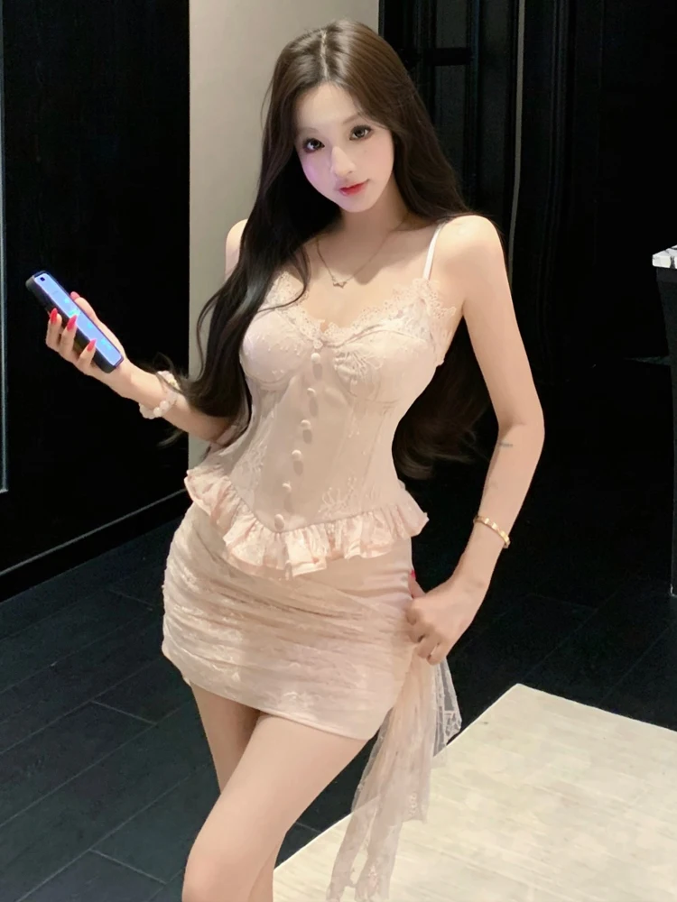 Sexy Lace Trim Fishbone Patterned Crop Top And Short Skirt Set Pure Color V-neck Sleeveless Slimming Effect Advanced Pure Desire