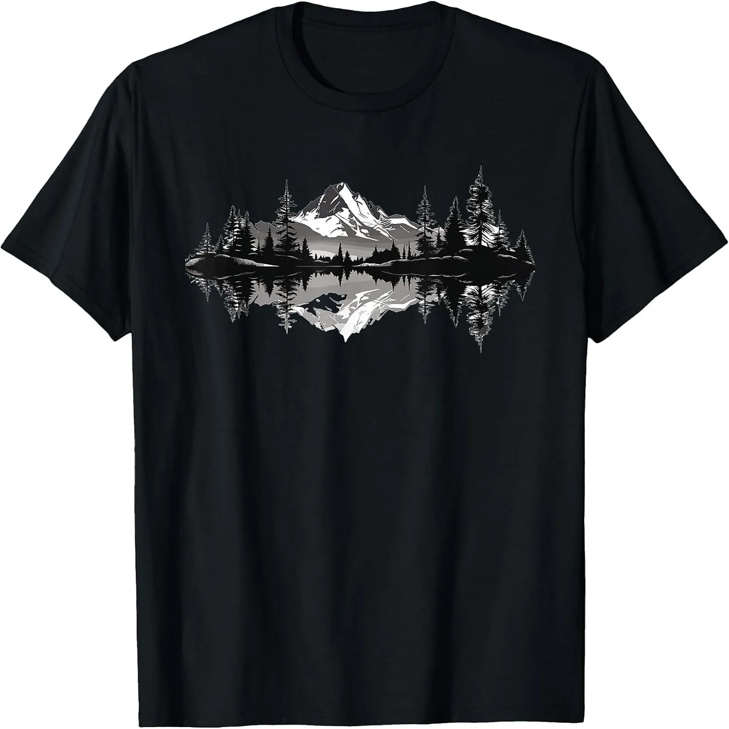 Mountain Lake Forest Reflection Black White Nature Outdoor Graphic T-Shirt