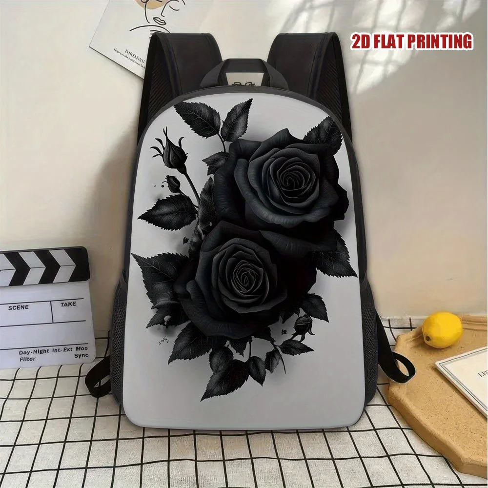

1 Pc Elegant Black Rose Print Backpack - Stylish 2D flat print design, adjustable shoulder straps, zipper closure, lightweight