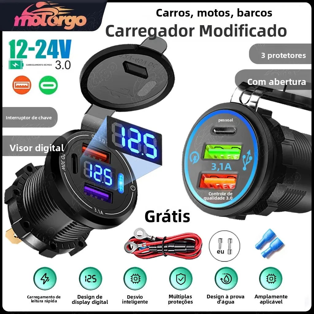 Carregador de carro usb 12/24v soquete duplo pd3.0 e qc3.0 porta usb de carro com voltímetro led e interruptor liga/desliga estação de carregamento de veículo automático