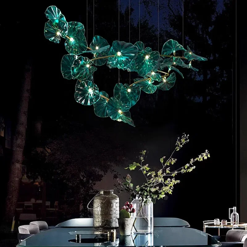 Chandelier Designed With Green Glass Leaves Art Pendant Lights For  Island Hotel Restaurant Chandeliers Led Hanging Ceiling Lamp