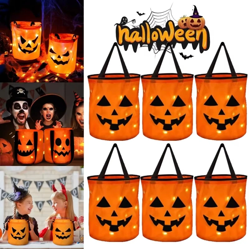

E2 LED Light Halloween Trick Or Treat Bucket Pumpkin Candy Bags Collapsible Halloween Basket For Thanksgiving Party Gift Basket