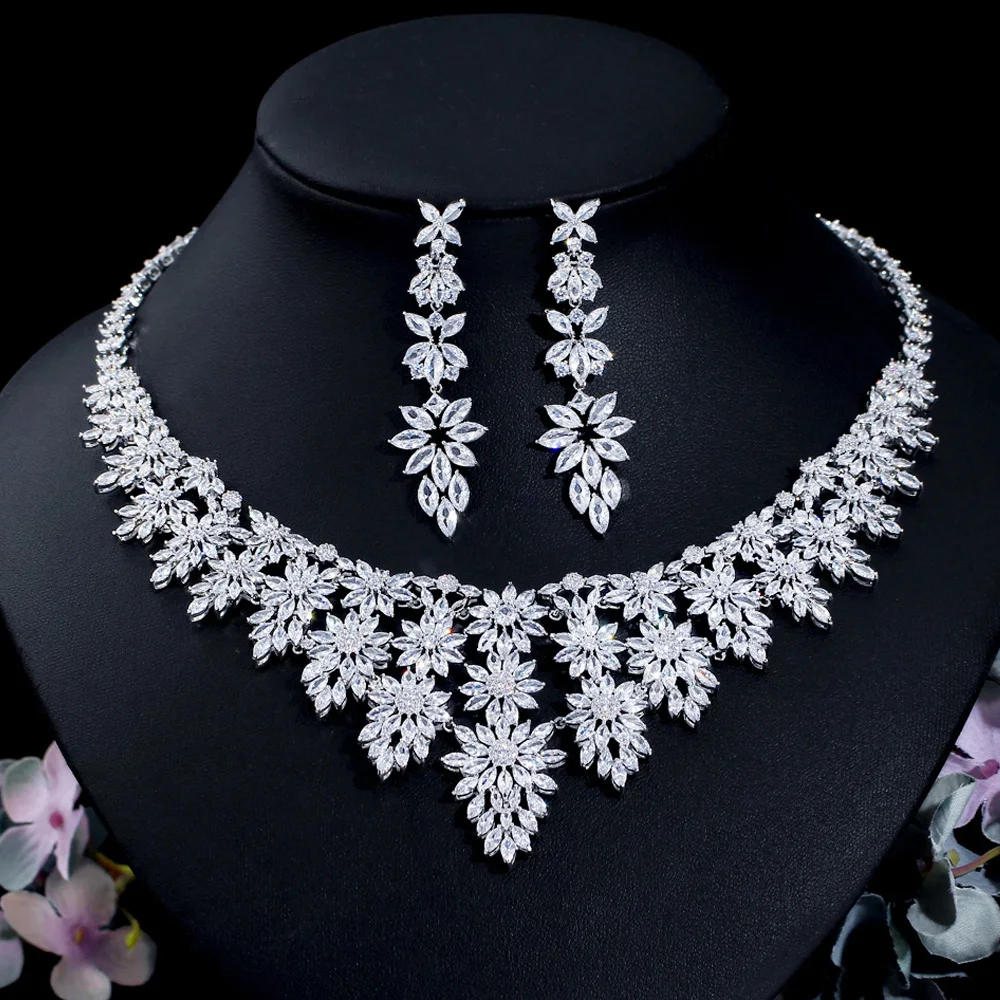 

CWWZircons Luxury Big Statement Heavy Cubic Zirconia Tassel Wedding Necklace and Earrings Pageant Jewelry Sets for Brides T669