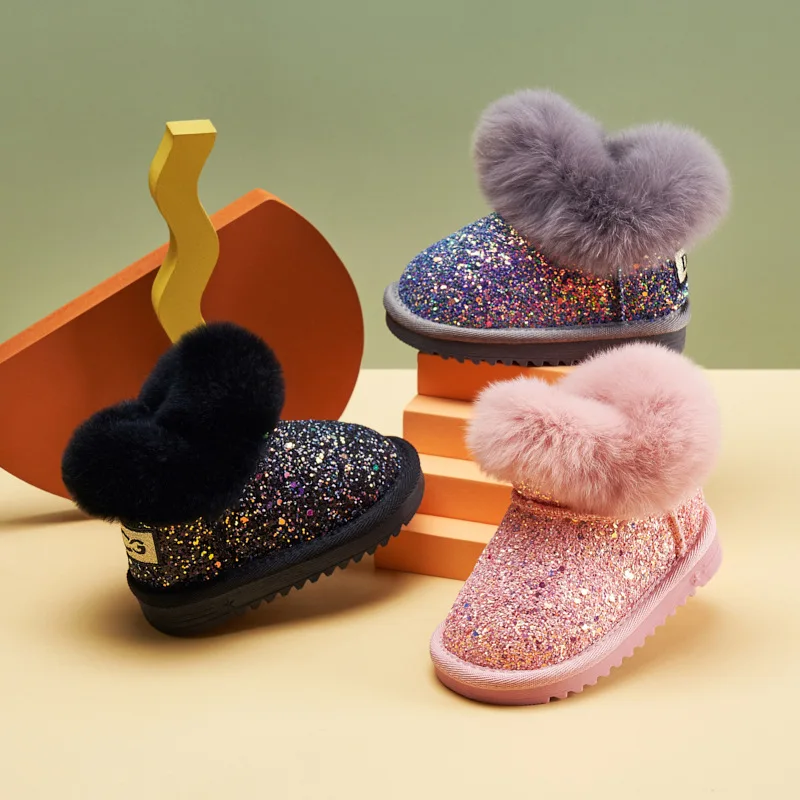 

Girl Snow Boots Fur Integrated Waterproof Plus Velvet Children Cotton Boots Princess Keep Warm Thicken Children's Shoes