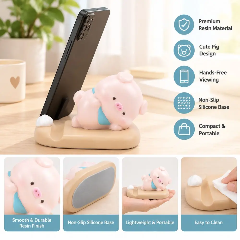 Cute Resin Cell Phone Stand Multi-Purpose Cartoon Animal Phone Holder Lying Pose Tablet Accessory Desk Ornament Car Dashboard