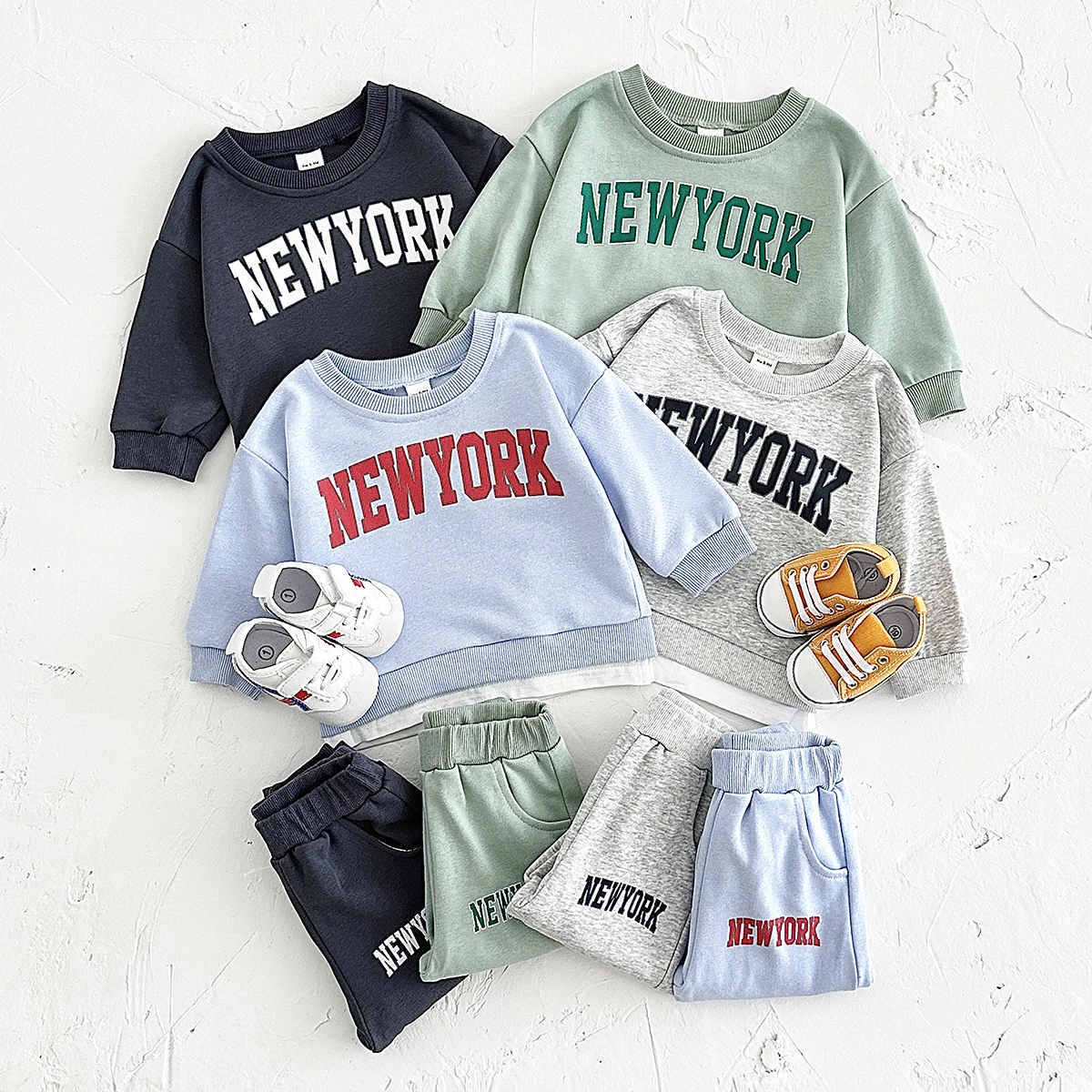 Spring Autumn Baby Boys Girl Cotton Infant Clothes Sets New York Letter Long Sleeved Pullover Top+Pants Infant Outfit 0-3Y KIds