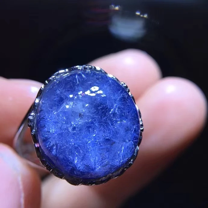 

Natural Blue Rutilated Dumortierite Quartz Adjustable Ring Big 14/13mm Flower Women Men Fashion Wealthy AAAAAA