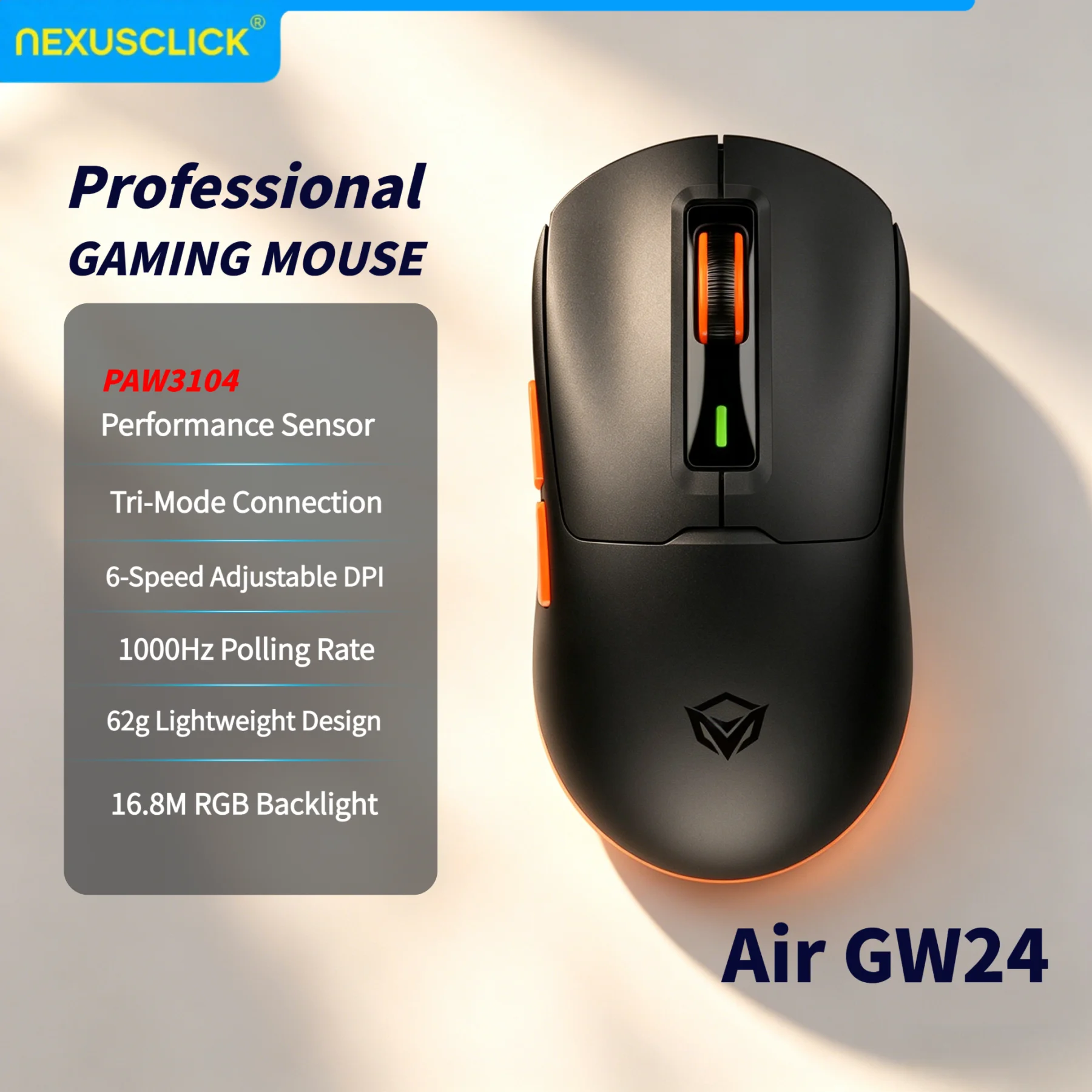 NexusClick GW24 Tri-Mode Wireless E-sports Mouse,62g Lightweight PAW3104 8000DPI RGB Backlight Magnetic Charging Gaming Mice