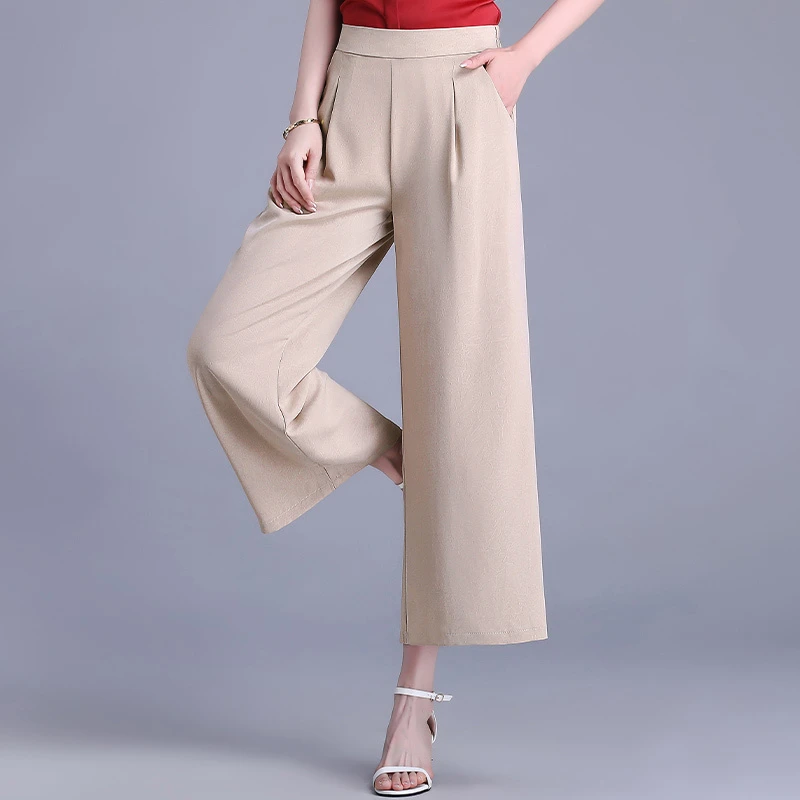 Simplicity Casual Summer Solid Pants Ice Silk Women\'s Elastic Waist Pockets Button Fashion High Waist Wide Leg Cropped Trousers