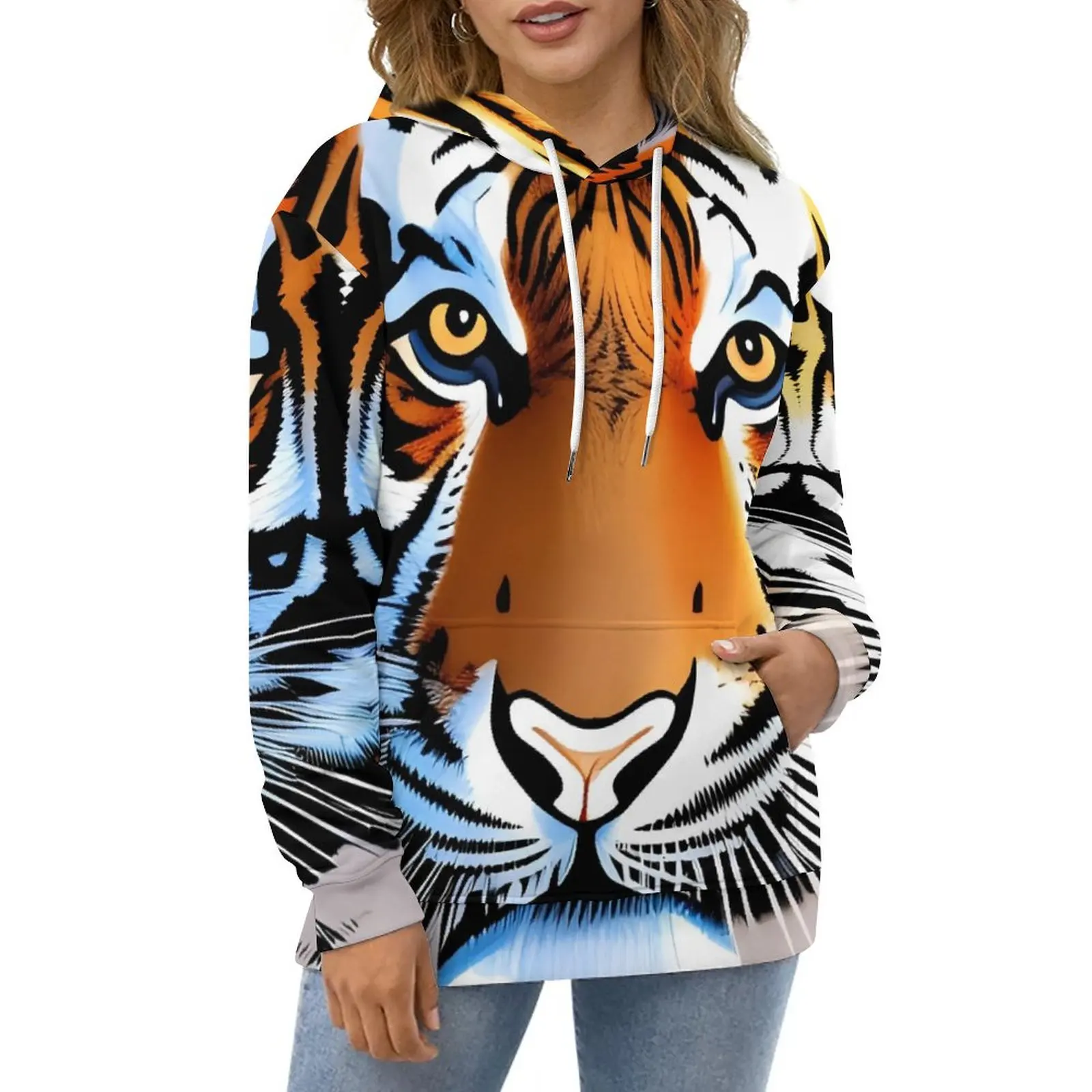 Eye of The Tiger Hoodies Animal Print Street Style Oversized Hoodie Ladies Long Sleeve Cute Custom Casual Sweatshirts