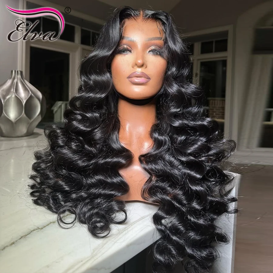 Волосы Elva 250% Плотность Невидимый HD Парик Шнурка Натуральный Черный Парик Человеческие Волосы HD Парик Фронта Шнурка Предварительно Сорванные Отбеленные Узлы HD Парики