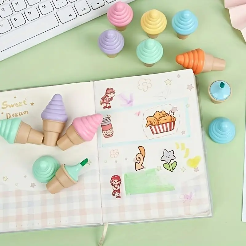 

6pcs Creative Cartoon Ice Cream Cone-shaped Fluorescent Pen, Cute And High-value, Portable Mini Ice Cream Diary Pen