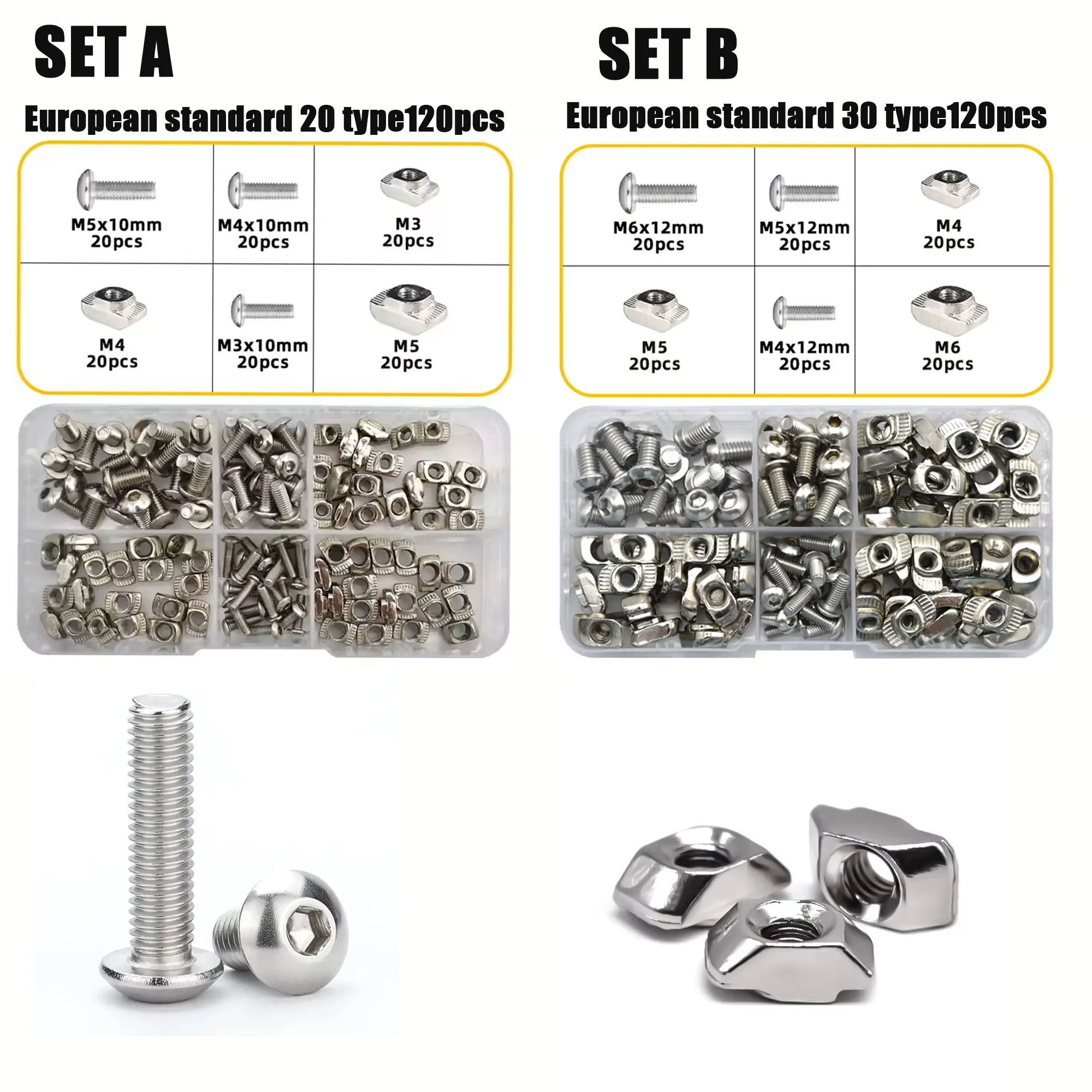 Conjunto de Porcas T e Parafusos Sextavados para Perfis de Alumínio M3 M4 M5 M6 2020 3030, Kit Sortido de Porcas T de Cabeça de Martelo com Parafusos para Série