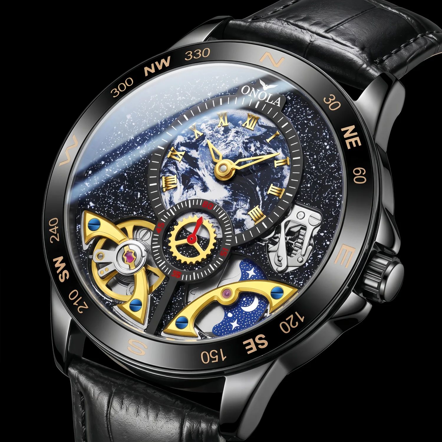 ONOLA Men's Mechanical Watch Alloy Case Compass Style Bezel Starry Sky Moon Phase Skeleton Dial Luxury Business Birthday Gift